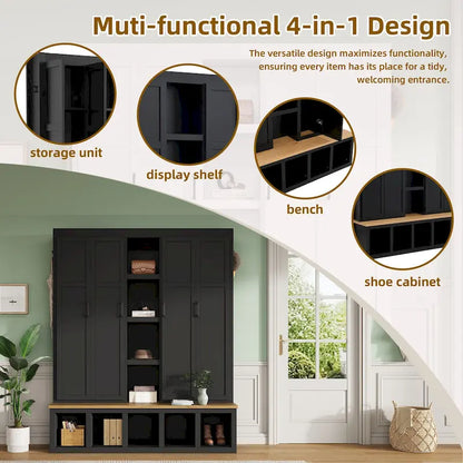 4-in-1 Hall Tree with 6 Hanging Hooks, Entryway Shoe Cabinet with Open Compartments, Wood Bench with Multiple Storage Space