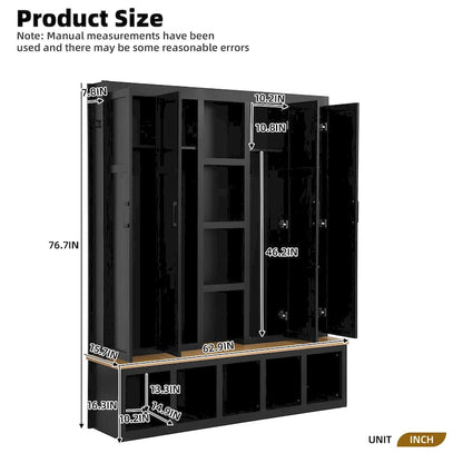 4-in-1 Hall Tree with 6 Hanging Hooks, Entryway Shoe Cabinet with Open Compartments, Wood Bench with Multiple Storage Space