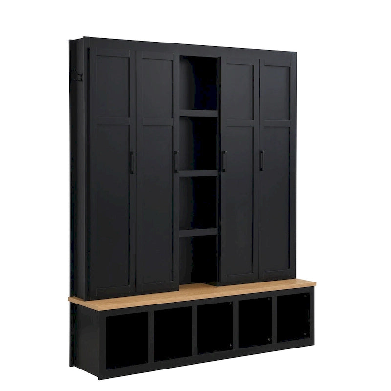 4-in-1 Hall Tree with 6 Hanging Hooks, Entryway Shoe Cabinet with Open Compartments, Wood Bench with Multiple Storage Space