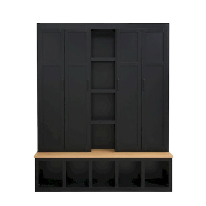 4-in-1 Hall Tree with 6 Hanging Hooks, Entryway Shoe Cabinet with Open Compartments, Wood Bench with Multiple Storage Space