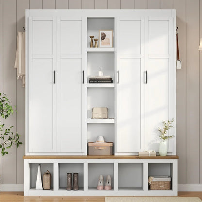 4-in-1 Hall Tree with 6 Hanging Hooks, Entryway Shoe Cabinet with Open Compartments, Wood Bench with Multiple Storage Space