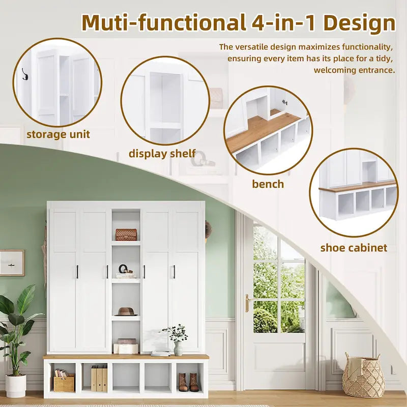4-in-1 Hall Tree with 6 Hanging Hooks, Entryway Shoe Cabinet with Open Compartments, Wood Bench with Multiple Storage Space
