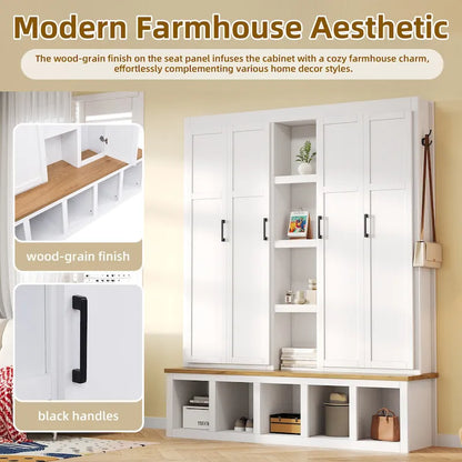 4-in-1 Hall Tree with 6 Hanging Hooks, Entryway Shoe Cabinet with Open Compartments, Wood Bench with Multiple Storage Space