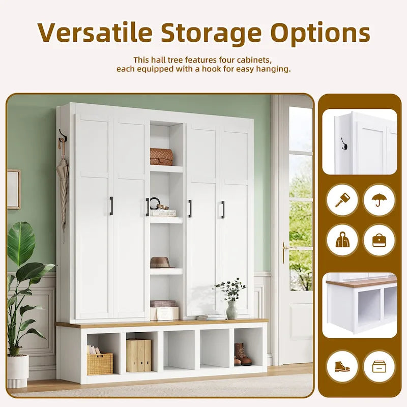 4-in-1 Hall Tree with 6 Hanging Hooks, Entryway Shoe Cabinet with Open Compartments, Wood Bench with Multiple Storage Space