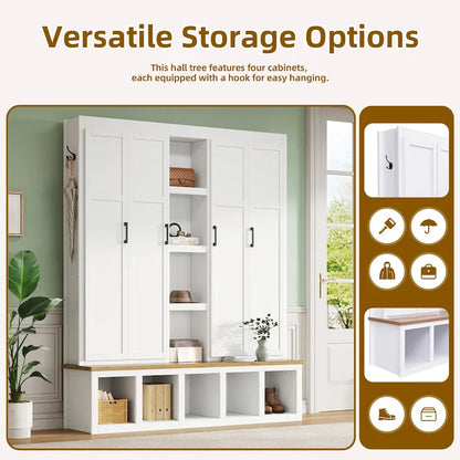 4-in-1 Hall Tree with 6 Hanging Hooks, Entryway Shoe Cabinet with Open Compartments, Wood Bench with Multiple Storage Space