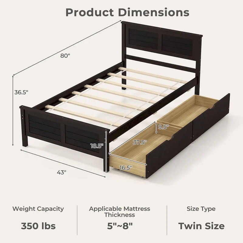 Gymax Twin Size Wooden Bed Frame with 2 Storage Drawers & Under-bed