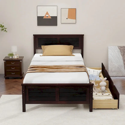 Gymax Twin Size Wooden Bed Frame with 2 Storage Drawers & Under-bed