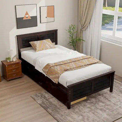 Gymax Twin Size Wooden Bed Frame with 2 Storage Drawers & Under-bed