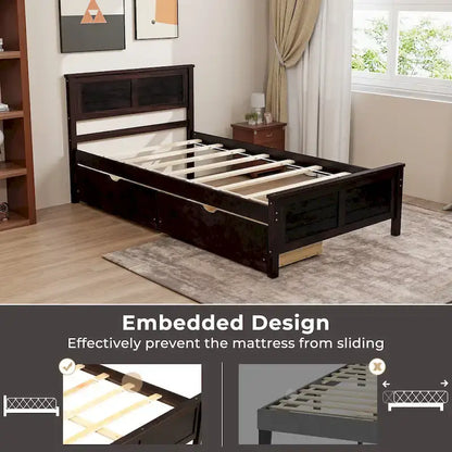 Gymax Twin Size Wooden Bed Frame with 2 Storage Drawers & Under-bed