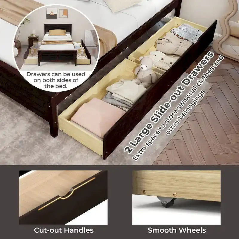 Gymax Twin Size Wooden Bed Frame with 2 Storage Drawers & Under-bed