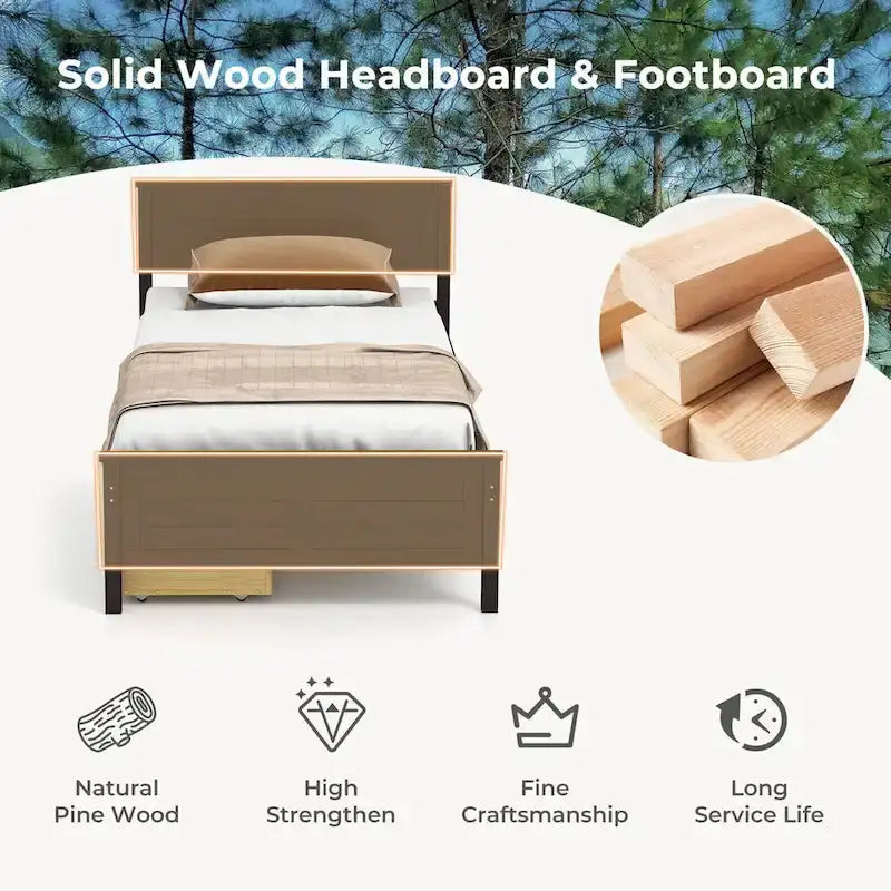 Gymax Twin Size Wooden Bed Frame with 2 Storage Drawers & Under-bed