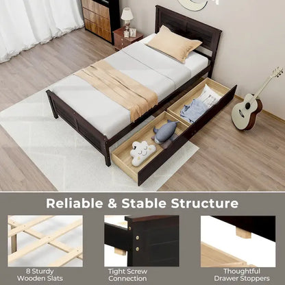 Gymax Twin Size Wooden Bed Frame with 2 Storage Drawers & Under-bed