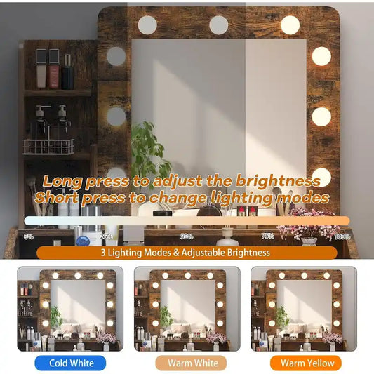 Vanity Desk with Mirror and Lights, Makeup Vanity with Power Outlet & Cushioned Stool