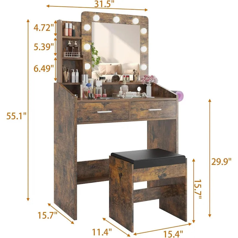 Vanity Desk with Mirror and Lights, Makeup Vanity with Power Outlet & Cushioned Stool