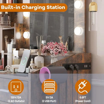 Vanity Desk with Mirror and Lights, Makeup Vanity with Power Outlet & Cushioned Stool