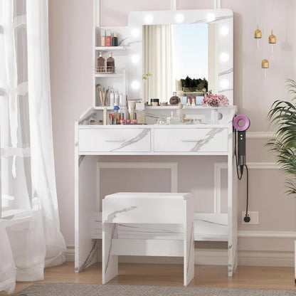 Vanity Desk with Mirror and Lights, Makeup Vanity with Power Outlet & Cushioned Stool
