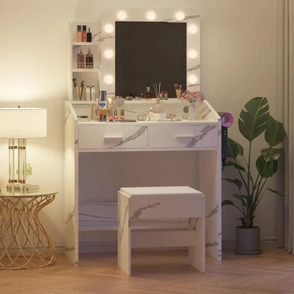 Vanity Desk with Mirror and Lights, Makeup Vanity with Power Outlet & Cushioned Stool