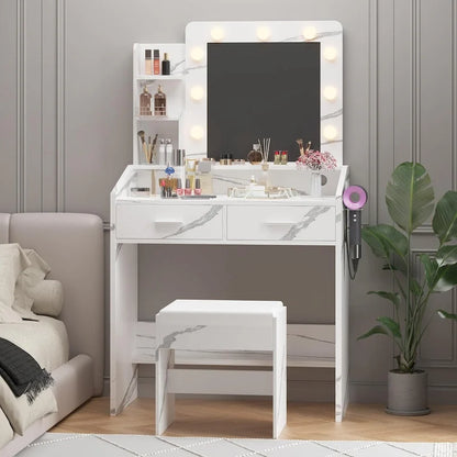 Vanity Desk with Mirror and Lights, Makeup Vanity with Power Outlet & Cushioned Stool