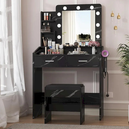 Vanity Desk with Mirror and Lights, Makeup Vanity with Power Outlet & Cushioned Stool