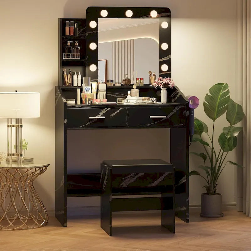 Vanity Desk with Mirror and Lights, Makeup Vanity with Power Outlet & Cushioned Stool