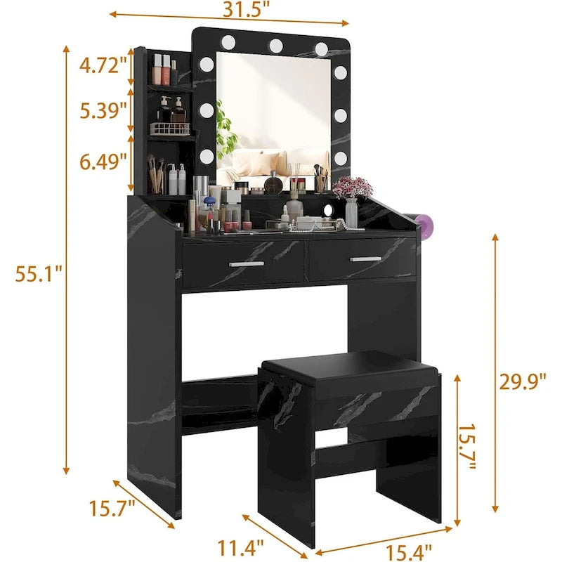 Vanity Desk with Mirror and Lights, Makeup Vanity with Power Outlet & Cushioned Stool