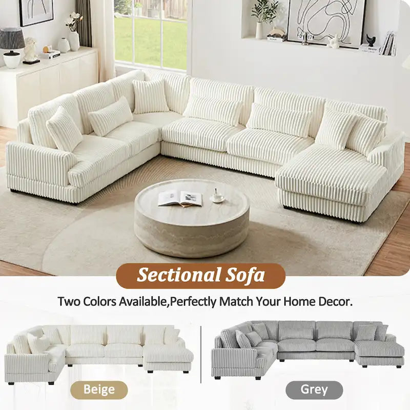 Corduroy Sectional Sofa U-shaped Sofa Couch, Upholstered Deep Seat Sofa with Cushions and Pillows for Living Room