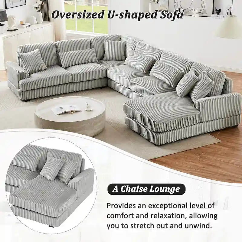 Corduroy Sectional Sofa U-shaped Sofa Couch, Upholstered Deep Seat Sofa with Cushions and Pillows for Living Room