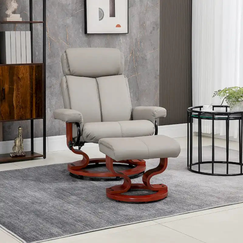 Modern Swivel Recliner Chair PU Leather Lounge Chair with Ottoman, Wood Base and Adjustable Headrest for Living Room, Office