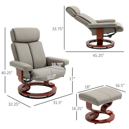 Modern Swivel Recliner Chair PU Leather Lounge Chair with Ottoman, Wood Base and Adjustable Headrest for Living Room, Office