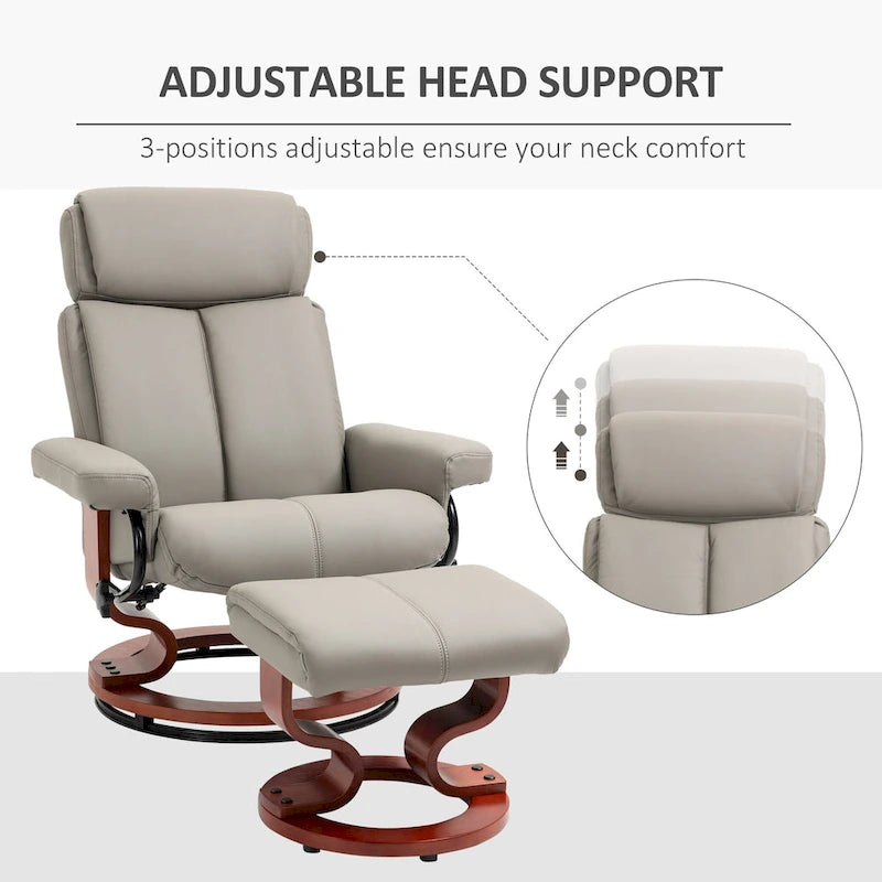 Modern Swivel Recliner Chair PU Leather Lounge Chair with Ottoman, Wood Base and Adjustable Headrest for Living Room, Office