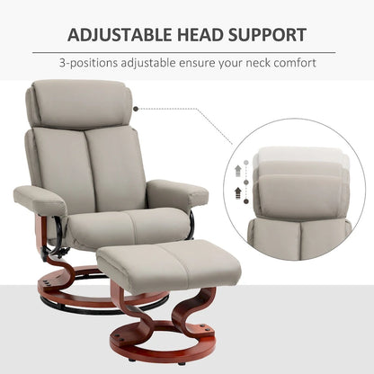 Modern Swivel Recliner Chair PU Leather Lounge Chair with Ottoman, Wood Base and Adjustable Headrest for Living Room, Office