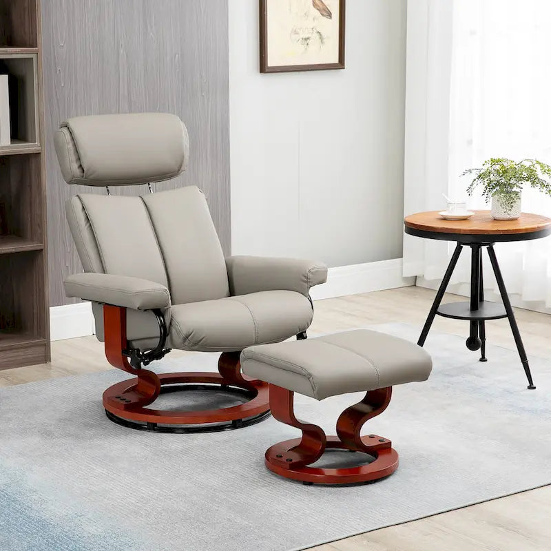Modern Swivel Recliner Chair PU Leather Lounge Chair with Ottoman, Wood Base and Adjustable Headrest for Living Room, Office