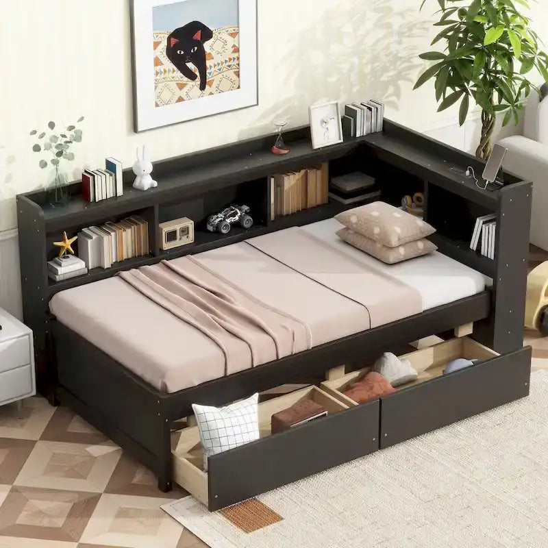 L-shaped Bookcases Bed Captains Bed with Power Outlets, USB,2 Drawers