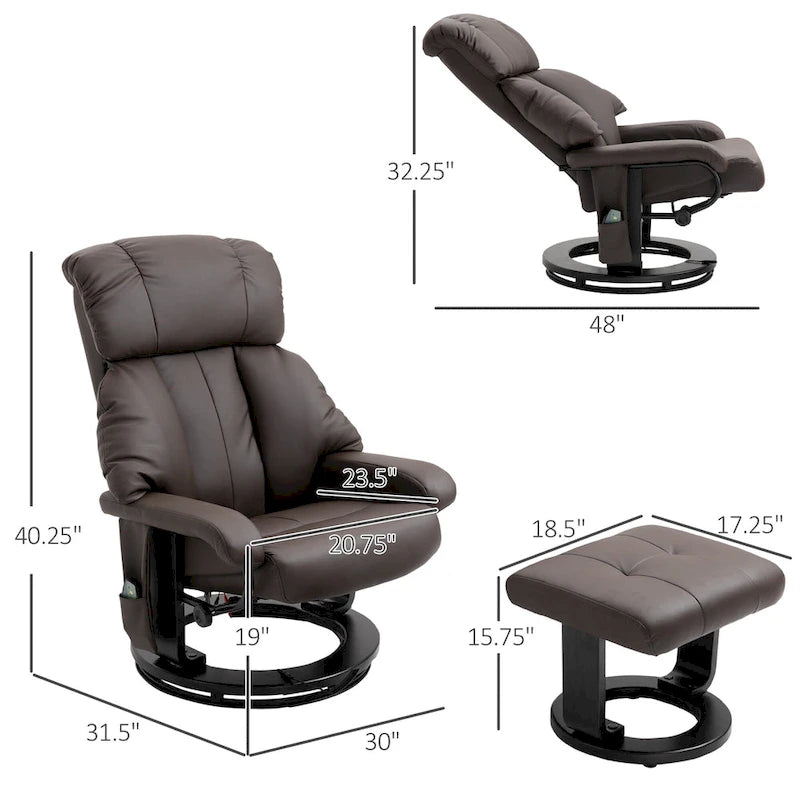 360 Swivel Massage Recliner Chair PU Leather Lounge Chair with 145 Recline, Footrest, Remote Control and Side Pocket