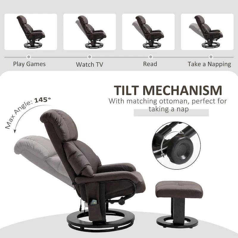 360 Swivel Massage Recliner Chair PU Leather Lounge Chair with 145 Recline, Footrest, Remote Control and Side Pocket