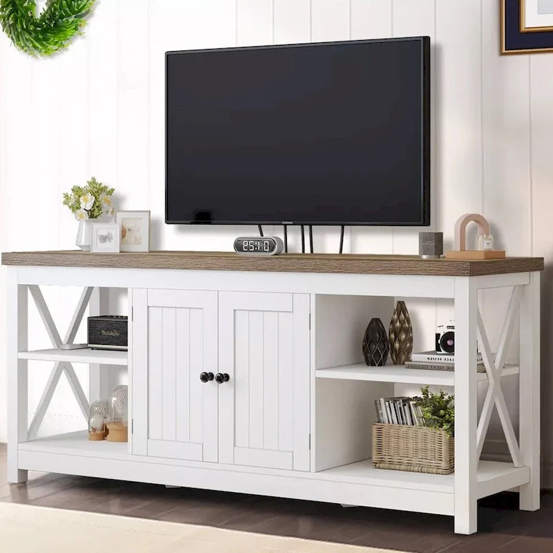 TV Stand for 65/60/55 TV Media with Power Outlets White & Beige - 58 inches