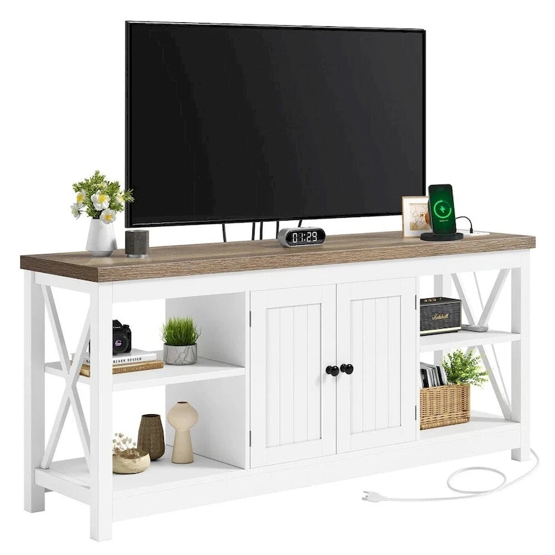 TV Stand for 65/60/55 TV Media with Power Outlets White & Beige - 58 inches