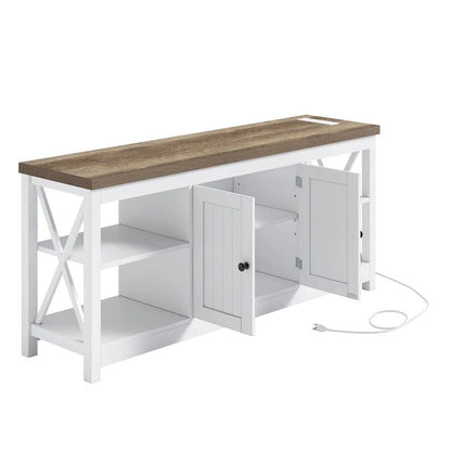 TV Stand for 65/60/55 TV Media with Power Outlets White & Beige - 58 inches