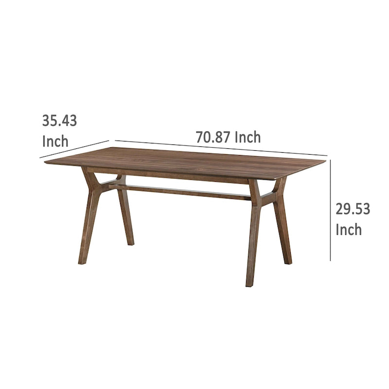 Thoi Dining Table, 71 Inch, Retro Angled Legs, Brown Solid Rubberwood