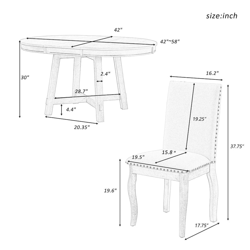 5 Piece Dining Table Set, Wooden Round Kitchen Dining Table Set with Extendable Dining Table and 4 Upholstered Dining Chairs