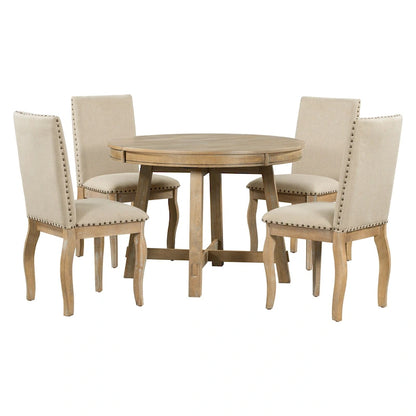 5 Piece Dining Table Set, Wooden Round Kitchen Dining Table Set with Extendable Dining Table and 4 Upholstered Dining Chairs
