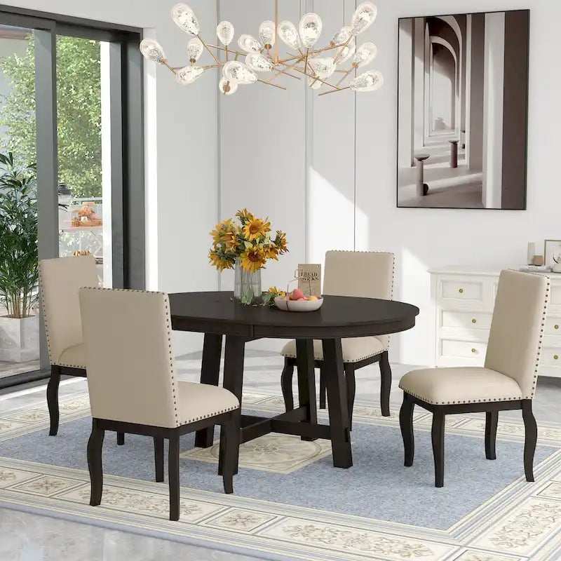 5 Piece Dining Table Set, Wooden Round Kitchen Dining Table Set with Extendable Dining Table and 4 Upholstered Dining Chairs