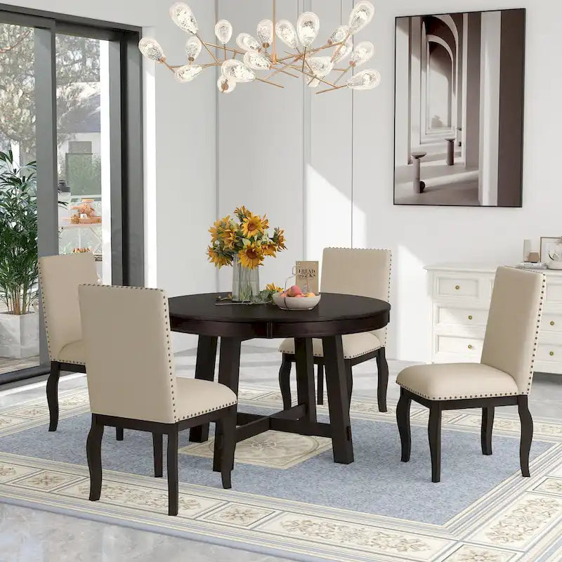 5 Piece Dining Table Set, Wooden Round Kitchen Dining Table Set with Extendable Dining Table and 4 Upholstered Dining Chairs
