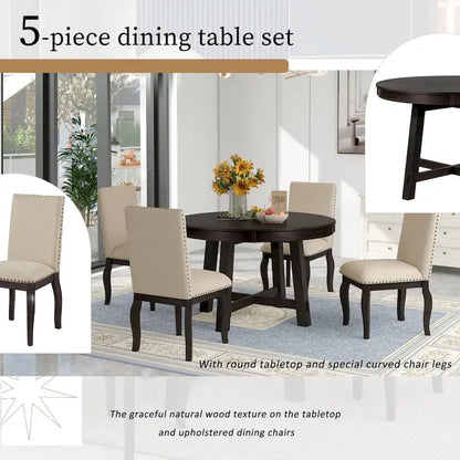 5 Piece Dining Table Set, Wooden Round Kitchen Dining Table Set with Extendable Dining Table and 4 Upholstered Dining Chairs