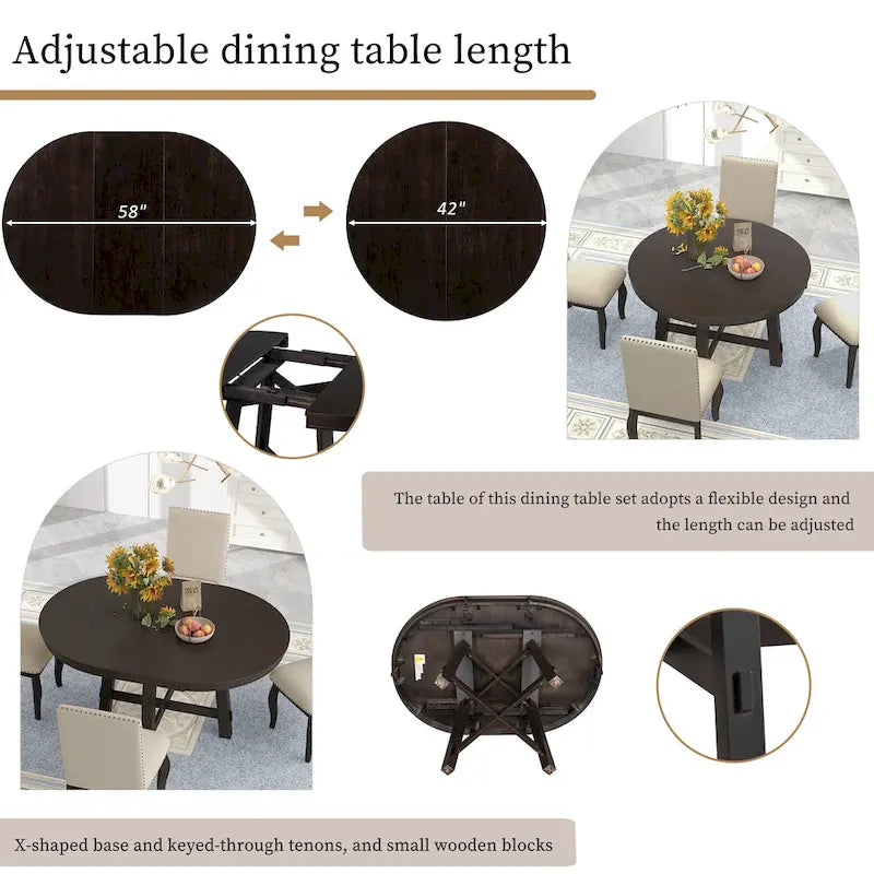 5 Piece Dining Table Set, Wooden Round Kitchen Dining Table Set with Extendable Dining Table and 4 Upholstered Dining Chairs
