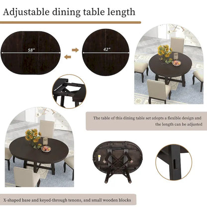 5 Piece Dining Table Set, Wooden Round Kitchen Dining Table Set with Extendable Dining Table and 4 Upholstered Dining Chairs