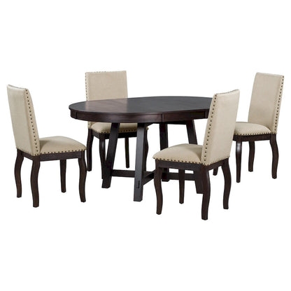 5 Piece Dining Table Set, Wooden Round Kitchen Dining Table Set with Extendable Dining Table and 4 Upholstered Dining Chairs
