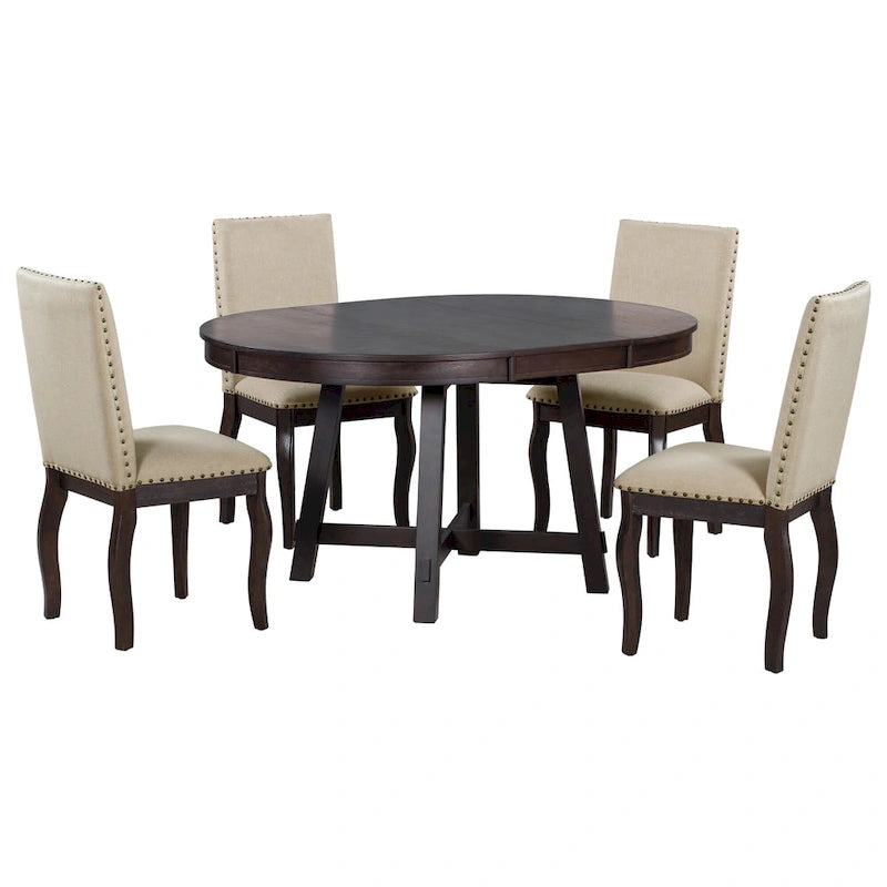 5 Piece Dining Table Set, Wooden Round Kitchen Dining Table Set with Extendable Dining Table and 4 Upholstered Dining Chairs