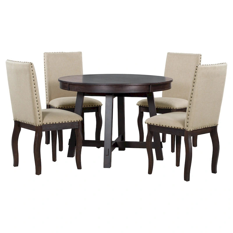 5 Piece Dining Table Set, Wooden Round Kitchen Dining Table Set with Extendable Dining Table and 4 Upholstered Dining Chairs