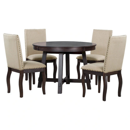 5 Piece Dining Table Set, Wooden Round Kitchen Dining Table Set with Extendable Dining Table and 4 Upholstered Dining Chairs